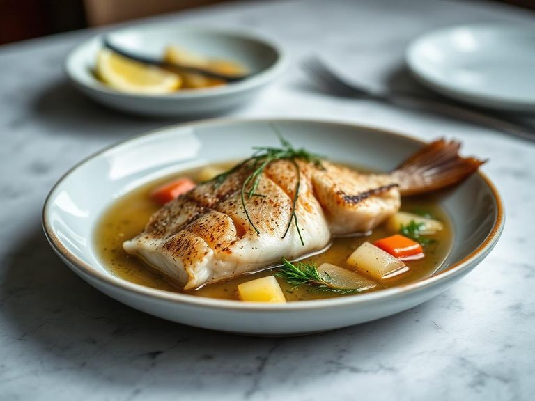 Poached wolffish in court-bouillon