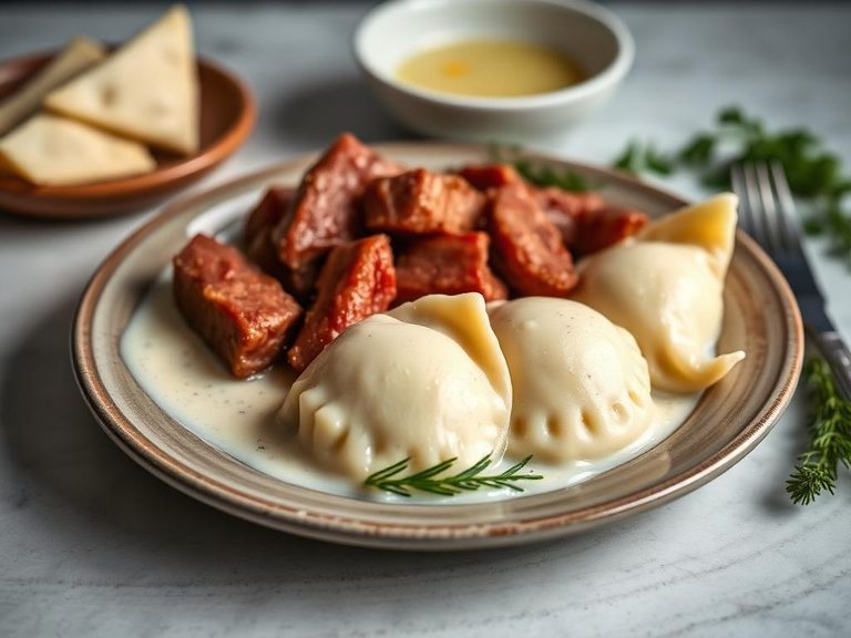 Polish Kiełbasa with Pierogi in cream