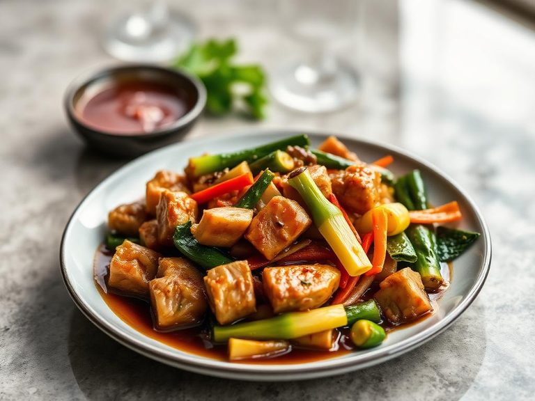 Pork stir-fry with vegetables and soy sauce
