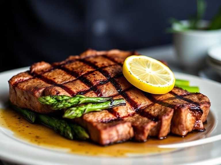 Porterhouse Steak with Grilled Asparagus and Lemon