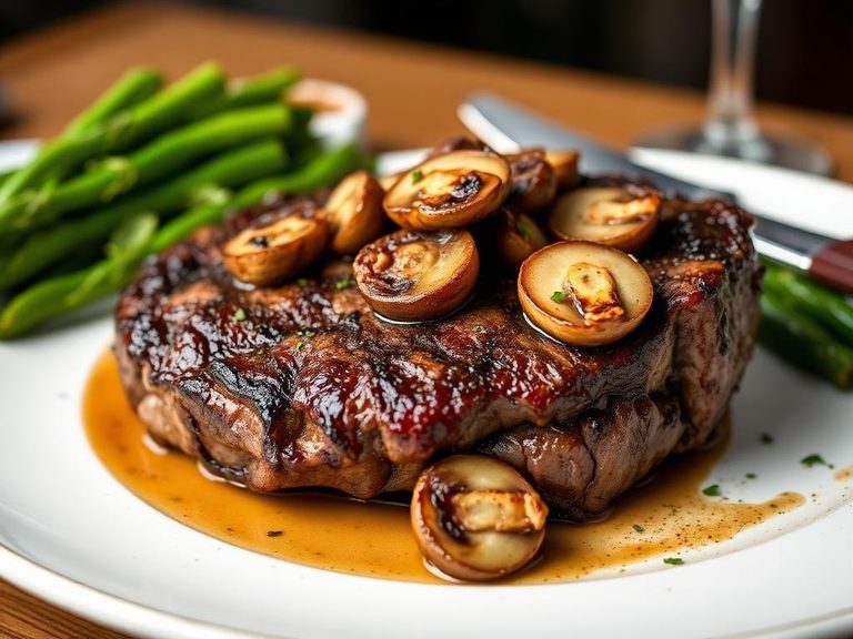 Porterhouse Steak with grilled mushrooms and garlic