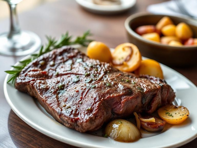 Porterhouse Steak with roasted potatoes and onions