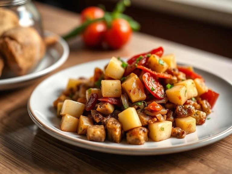 Potato hash with peppers and onions