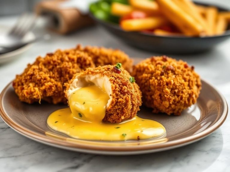 Pretzel-crusted chicken with cheese sauce