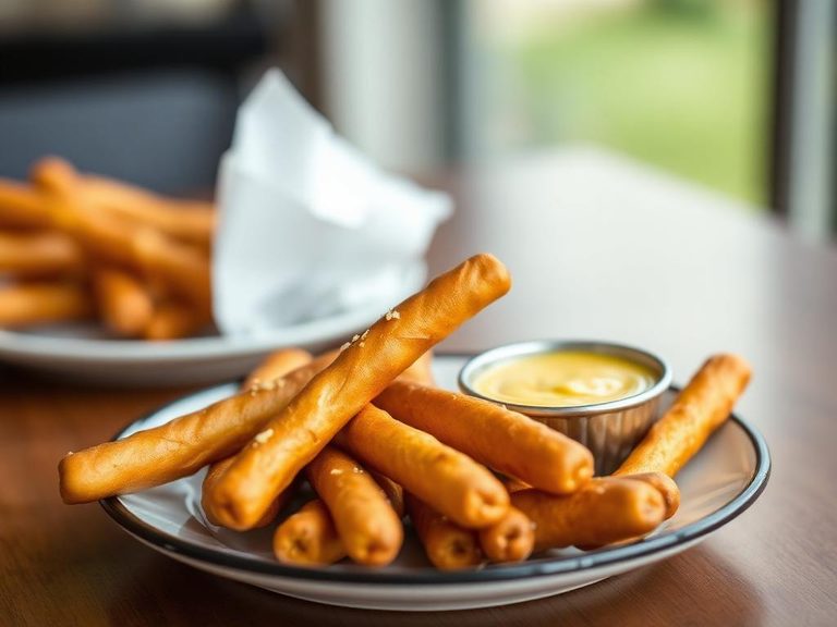 Pretzel rods with mustard or cheese dip