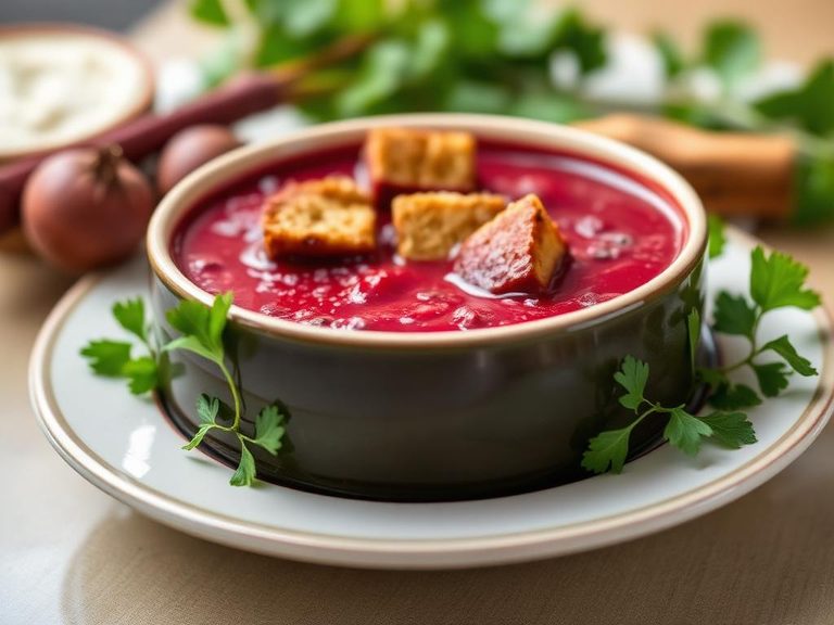 Pumpernickel croutons in a hearty beet soup