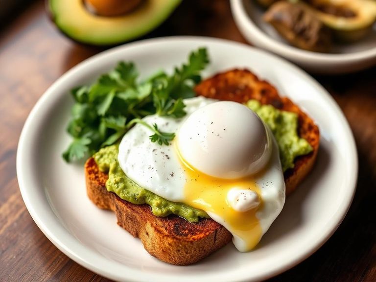 Pumpernickel toast with avocado and a poached egg