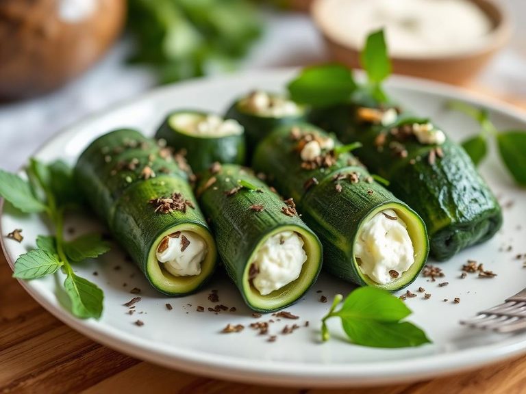Raw zucchini rolls with cream cheese and herbs