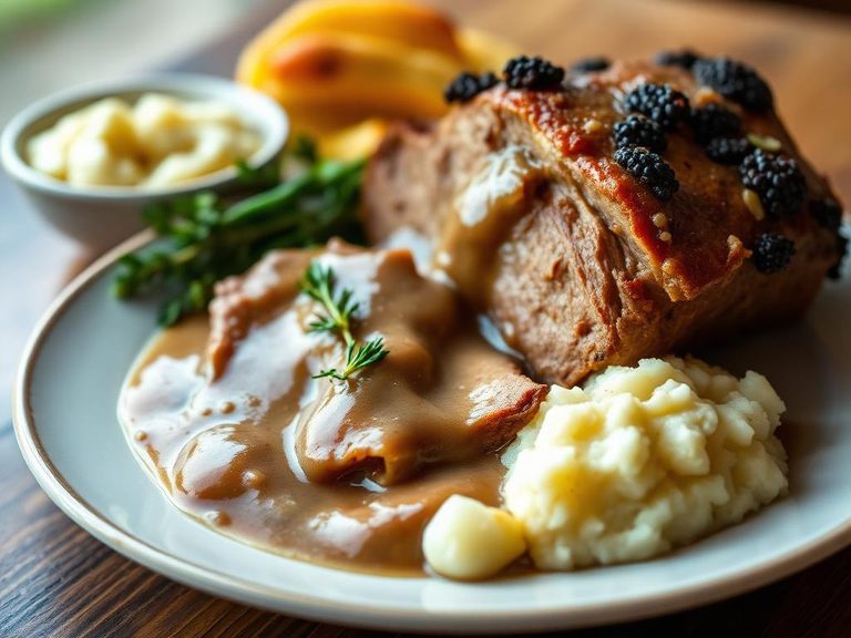 Roast Pork with Gravy and Mashed Potatoes