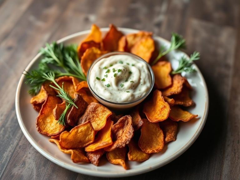 Root vegetable chip mix with onion dip