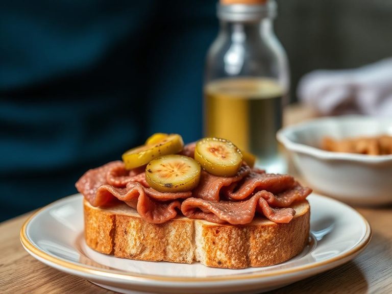 Rye bread toast with liverwurst and pickles