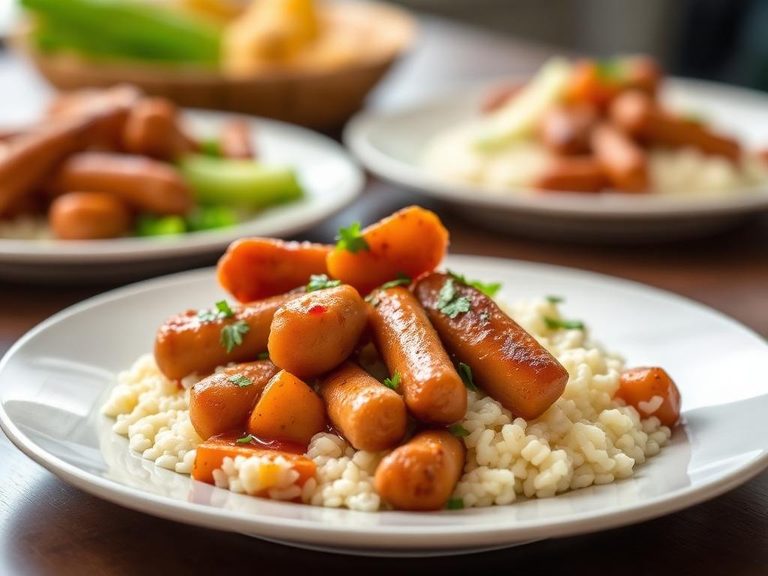 Salchichas con Papas y Arroz Blanco