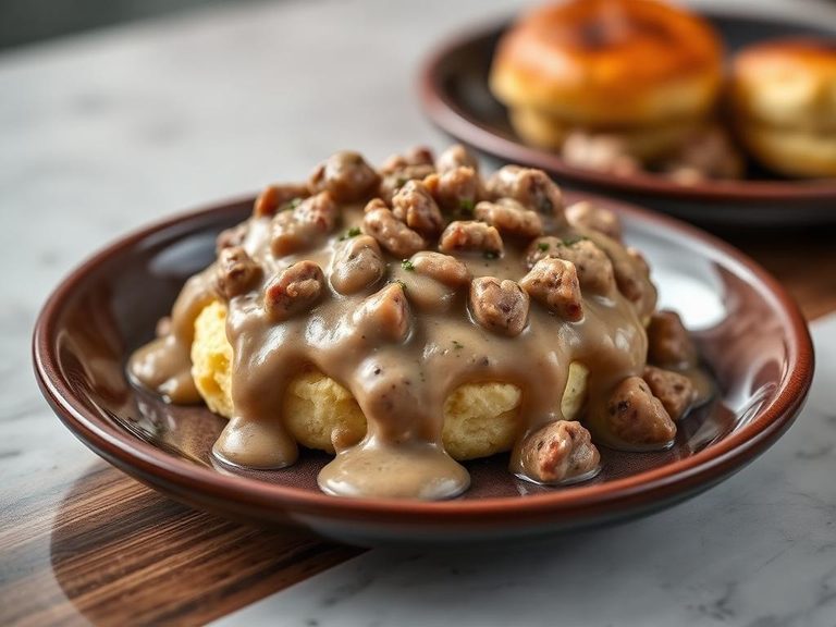 Sausage gravy over biscuits