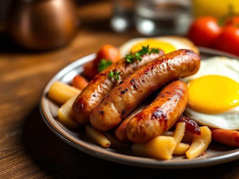 Sausage links in a full English breakfast