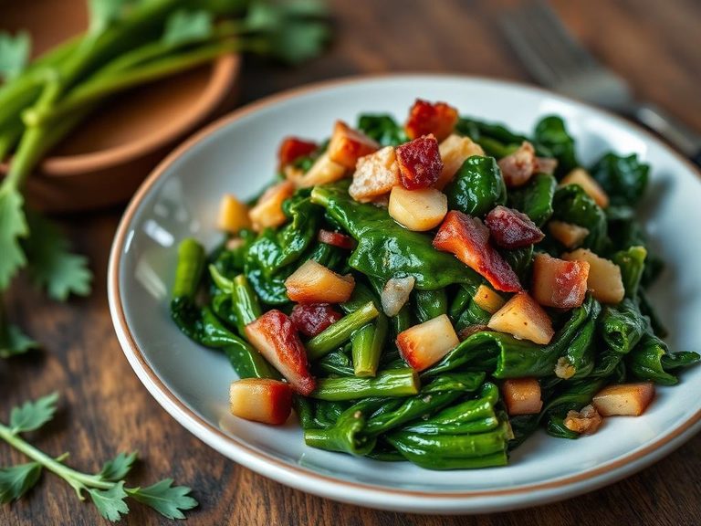Sautéed turnip greens with garlic and bacon