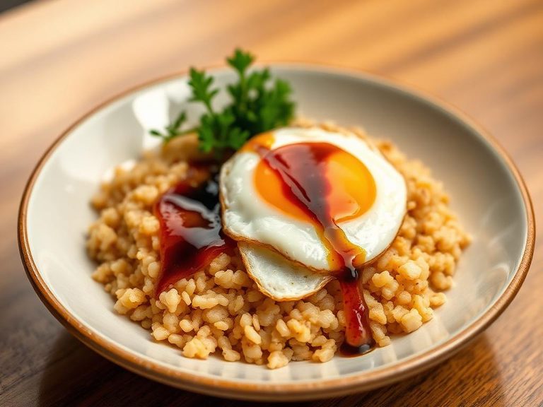 Savory oatmeal with a fried egg and soy sauce