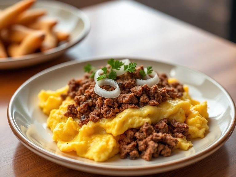 Scrambled Eggs with Ground Beef and Onion