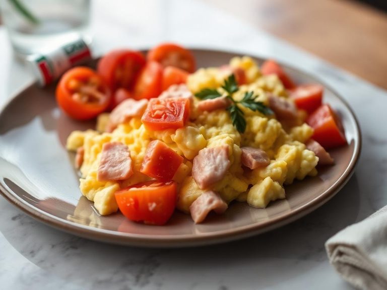 Scrambled eggs with ham and tomatoes