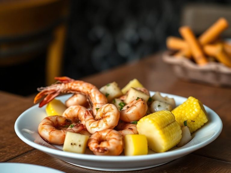 Seafood boil (with shrimp, corn, potatoes)