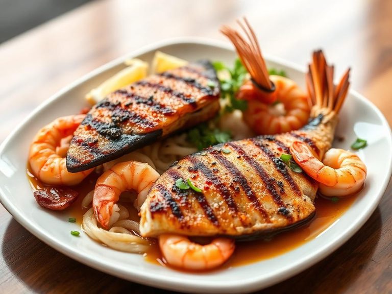 Seafood dishes like grilled fish or shrimp