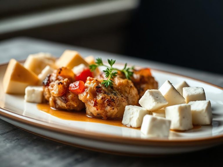Served alongside soft cheese cubes
