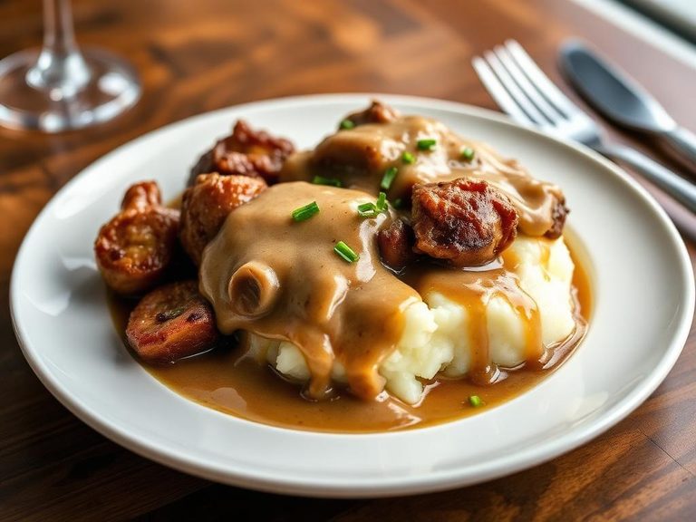Served with mashed potatoes and gravy