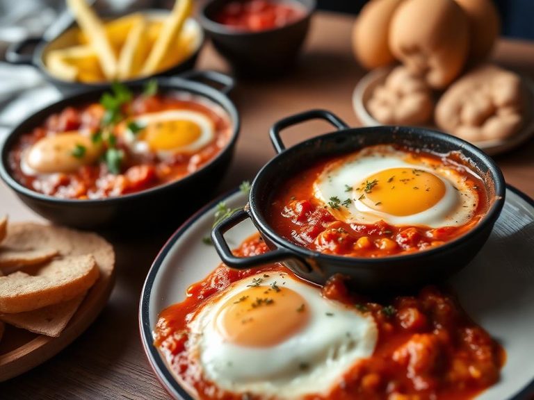 Shakshuka (eggs poached in a tomato sauce, often with peppers and spices)