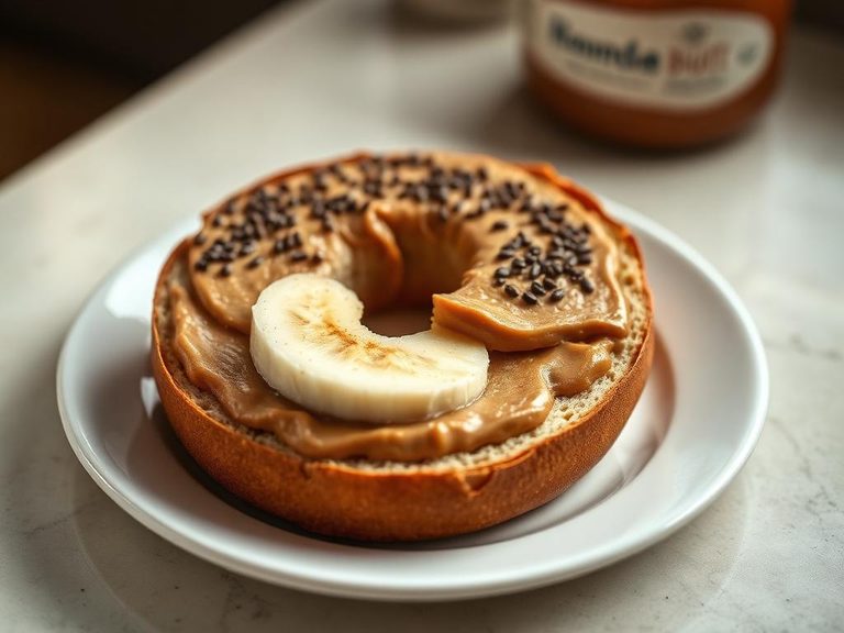 Sliced bagel with peanut butter and banana