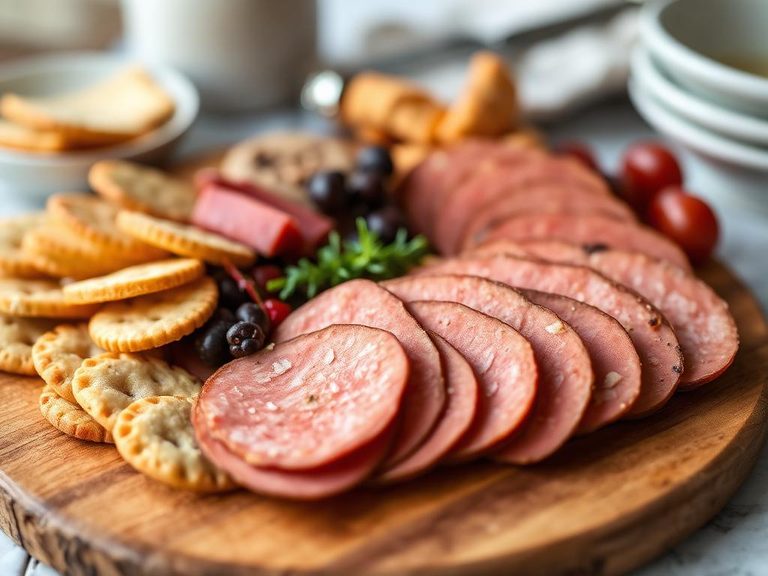 Sliced on a charcuterie board with crackers