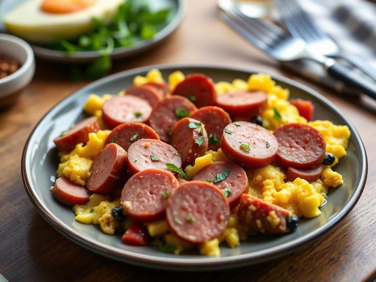 Sliced Swisswurst in a hearty breakfast scramble
