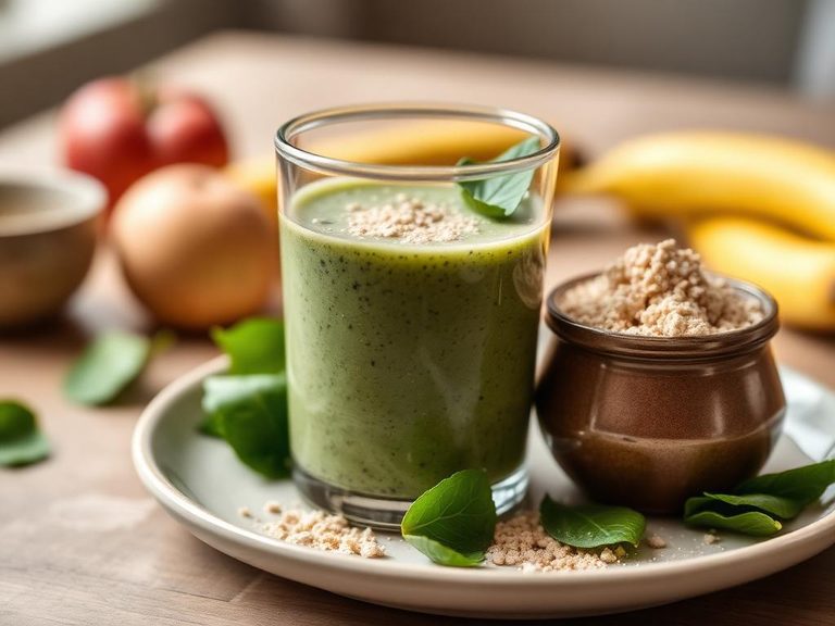 Smoothie base blended with spinach and protein powder