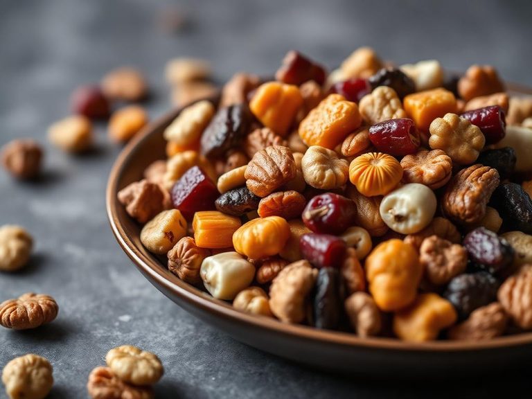 Snack mix component with nuts and dried fruit