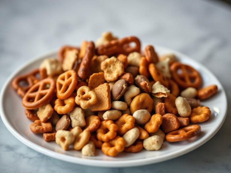 Snack mix (with pretzels, nuts, and other crackers)