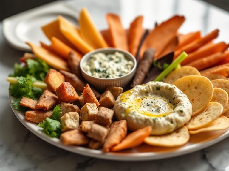 Snack platter with hummus or spinach artichoke dip