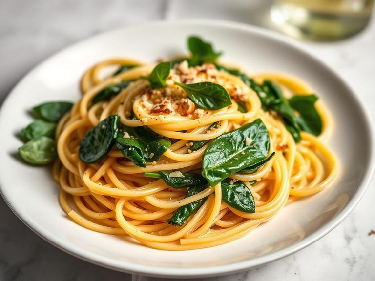 Spaghetti aglio e olio with spinach pasta