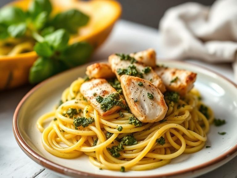 Spaghetti Squash with Pesto and Chicken