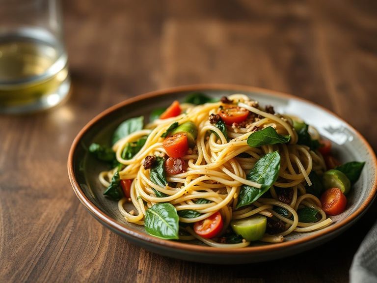 Spinach noodle salad with vinaigrette