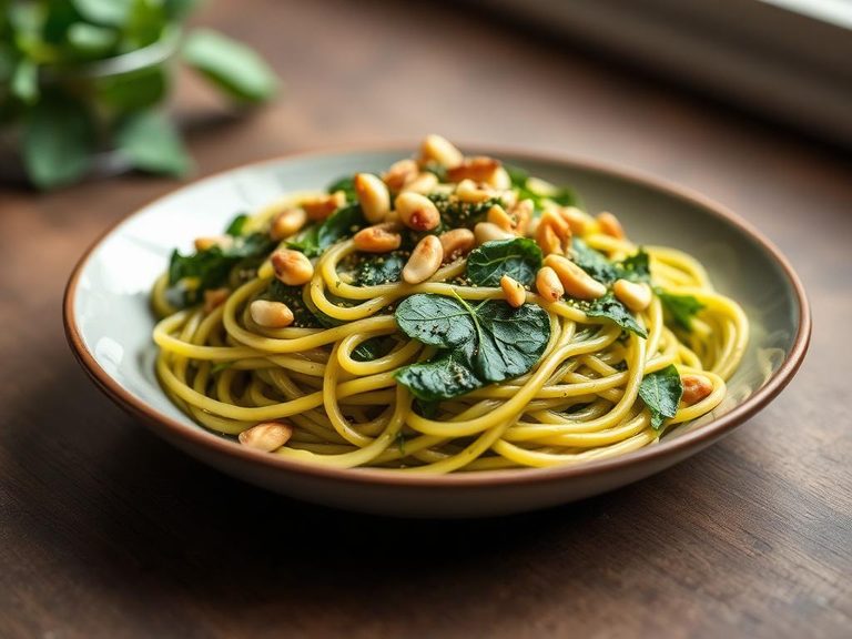 Spinach spaghetti with pesto and pine nuts