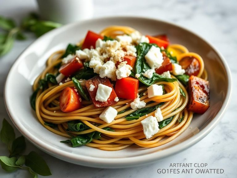 Spinach spaghetti with roasted vegetables and feta