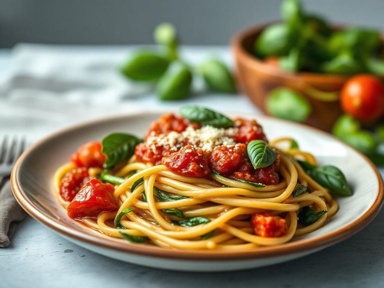 Spinach spaghetti with tomato and basil sauce