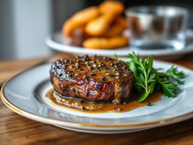Steak with peppercorn sauce