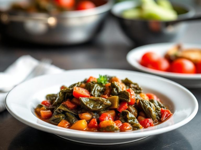 Stewed collard greens with tomatoes and beans
