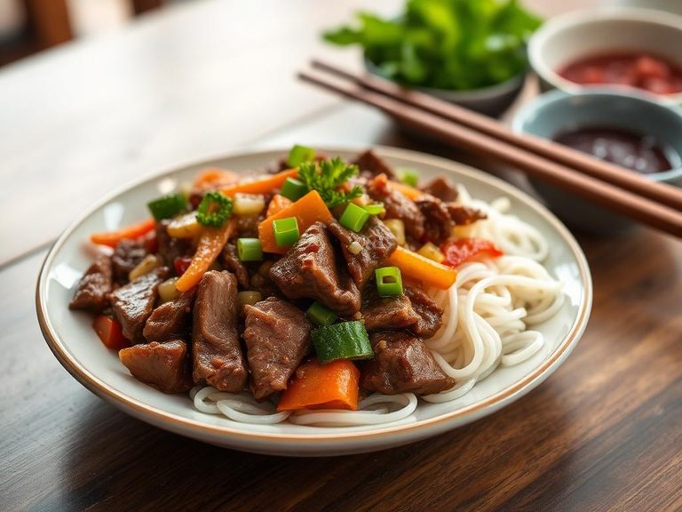 Stir-Fried Beef with Vegetables and Rice Noodles