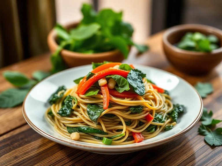 Stir-fried spinach noodles with vegetables