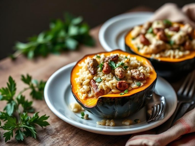 Stuffed acorn squash with rice, sausage, and herbs