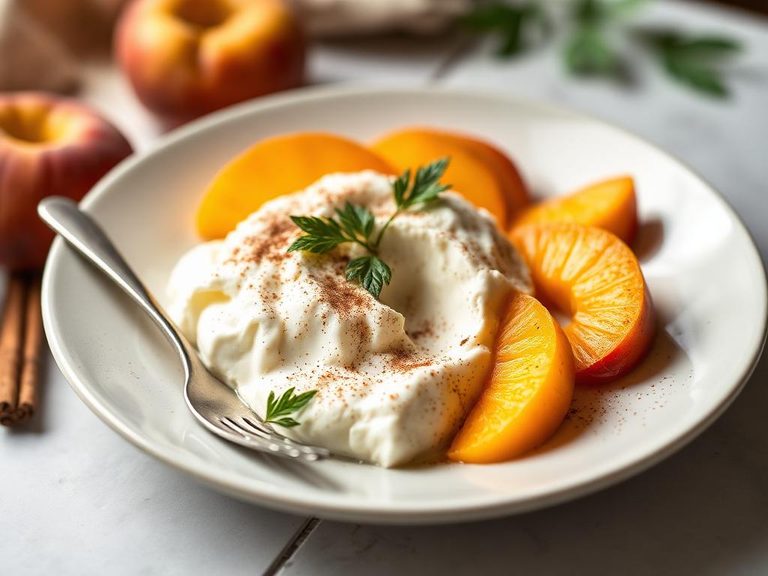 Sweet cottage cheese with peaches and cinnamon