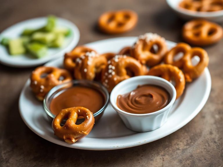 Sweet pretzel bites with chocolate or caramel dip