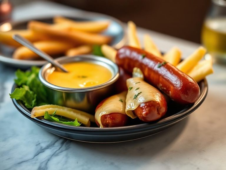 Swisswurst and cheese fondue dip
