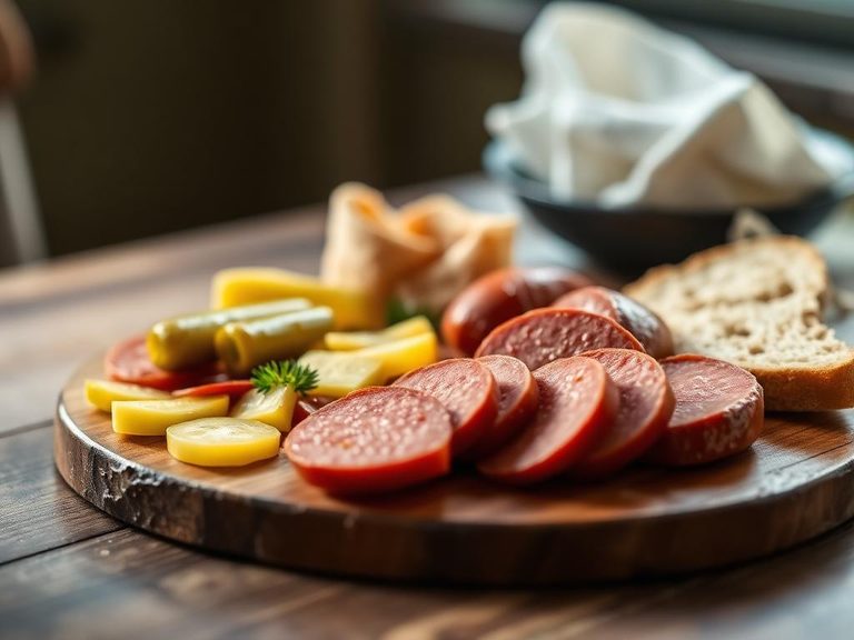 Swisswurst on a charcuterie board with pickles and bread