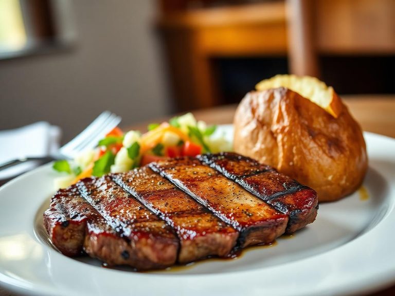 T-bone steak with baked potato and salad